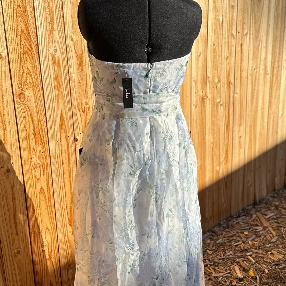 NWT Lulus Charming Sweetness Periwinkle Blue Floral Strapless Organza Maxi Dress - Picture 8 of 11